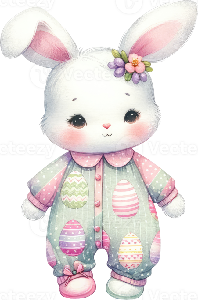 AI generated Easter bunny in a cute egg-print onesie, complete with a cozy hood and a warm, inviting smile png