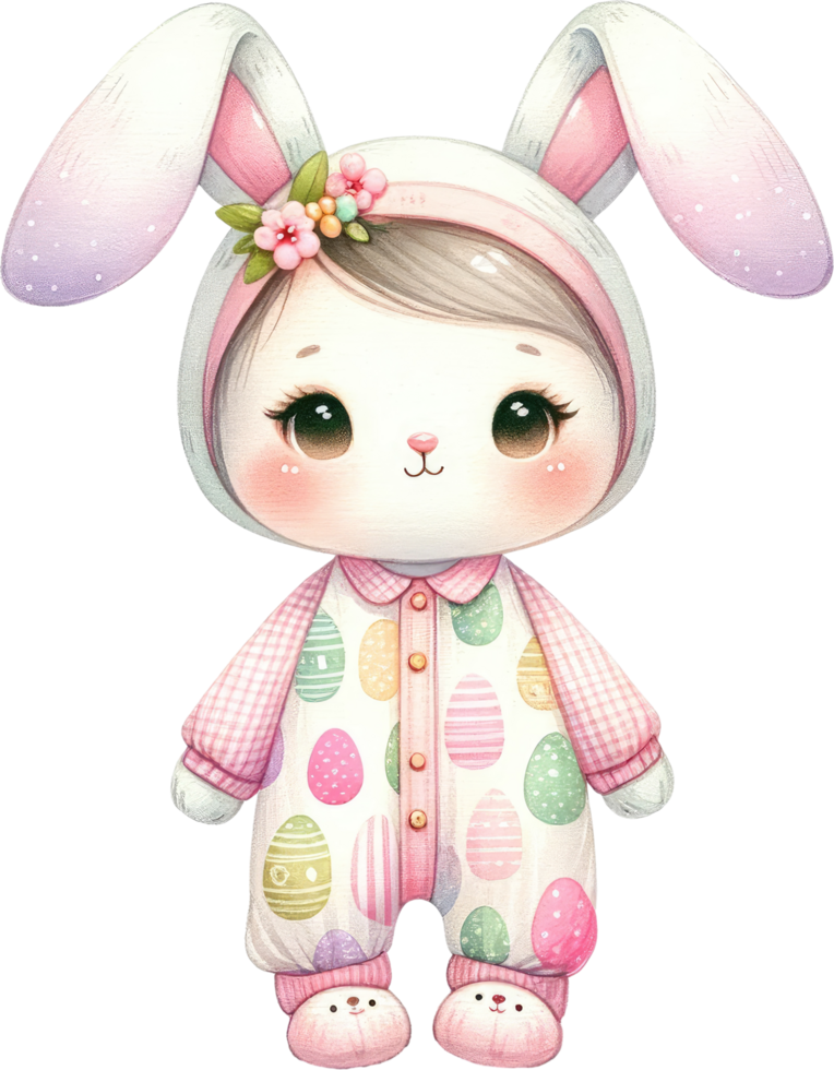 AI generated Easter bunny in a cute egg-print onesie, complete with a cozy hood and a warm, inviting smile png