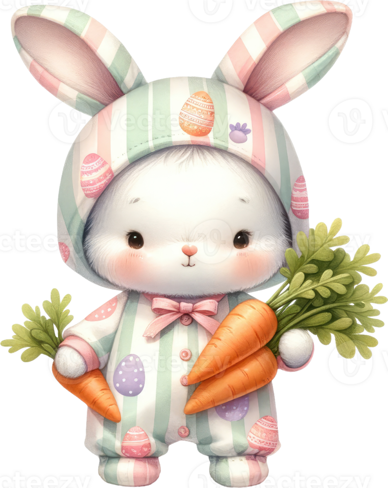 AI generated Easter bunny in a cute egg-print onesie, complete with a cozy hood and a warm, inviting smile png