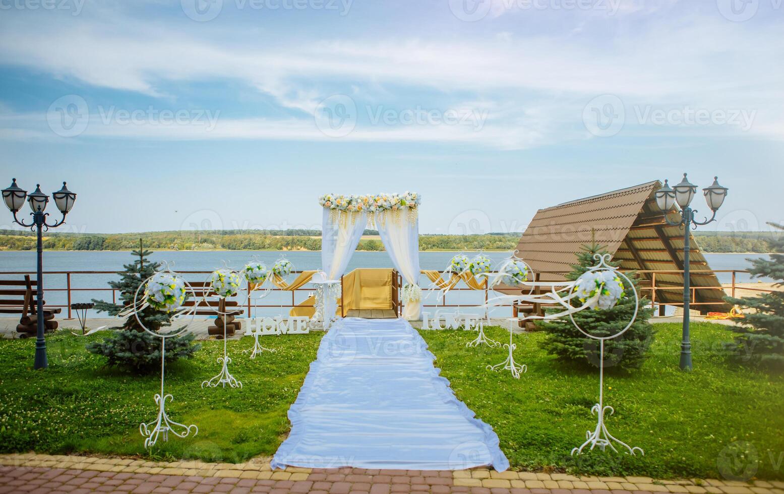beautiful wedding arch and installed by the sea. The beginning of the wedding ceremony. Wedding day photo