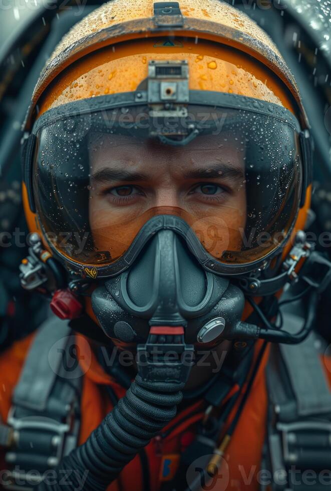 AI Generated Portrait of man in military pilot helmet and in yellow overalls photo