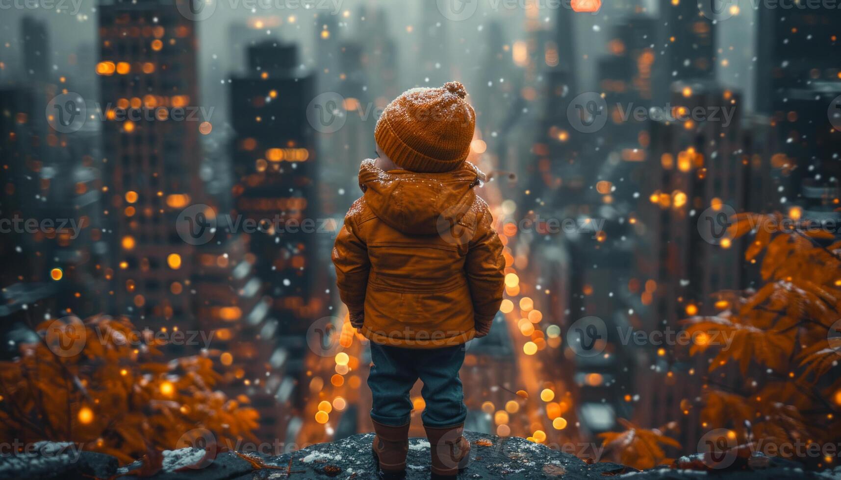 AI generated Young child in helmet and overalls standing. A young boy stands amidst the bustling cityscape, his presence illuminated by the city lights. photo