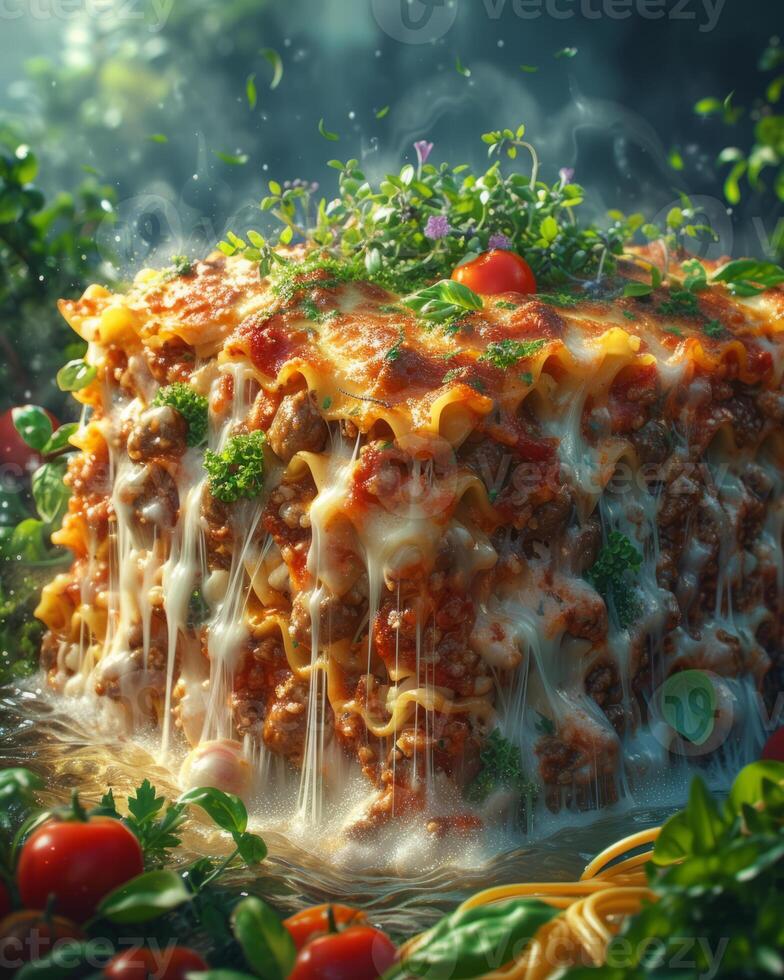 AI Generated Large piece of delicious cheesy lasagna with meat and fresh vegetables photo