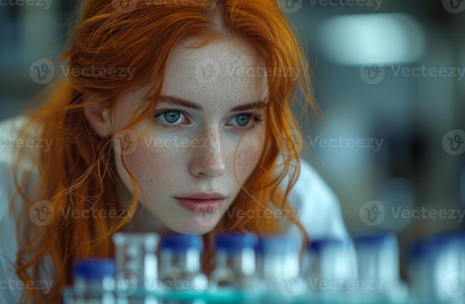 AI generated A female chemist is working on some gels in the lab. A woman with striking red hair and captivating blue eyes looks directly at the camera. photo
