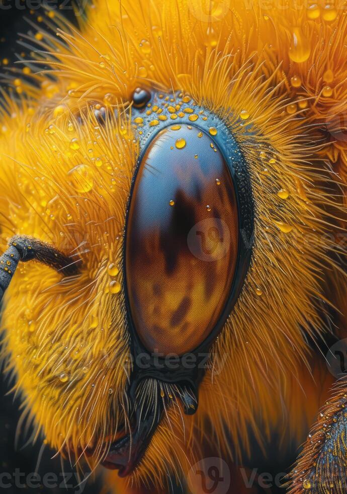 AI generated Macro of bee covered with dew drops photo