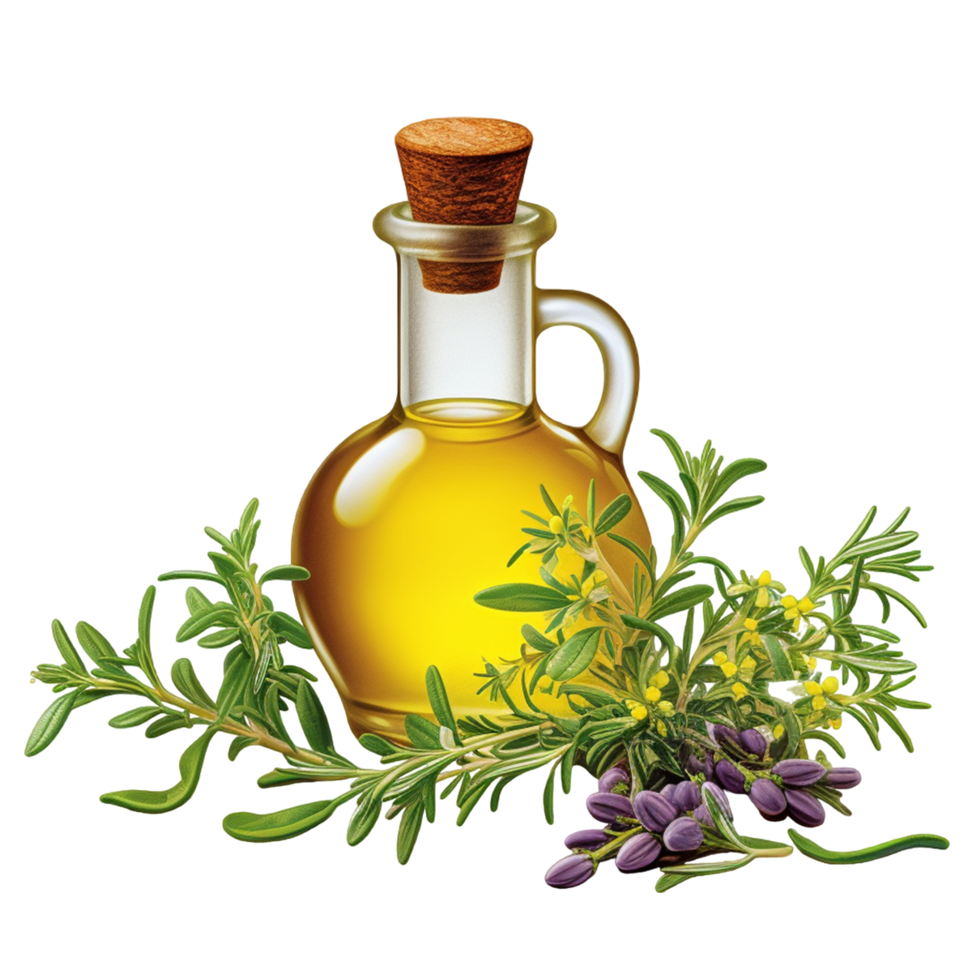 AI generated Fresh green rosemary and sage in oil bottles png