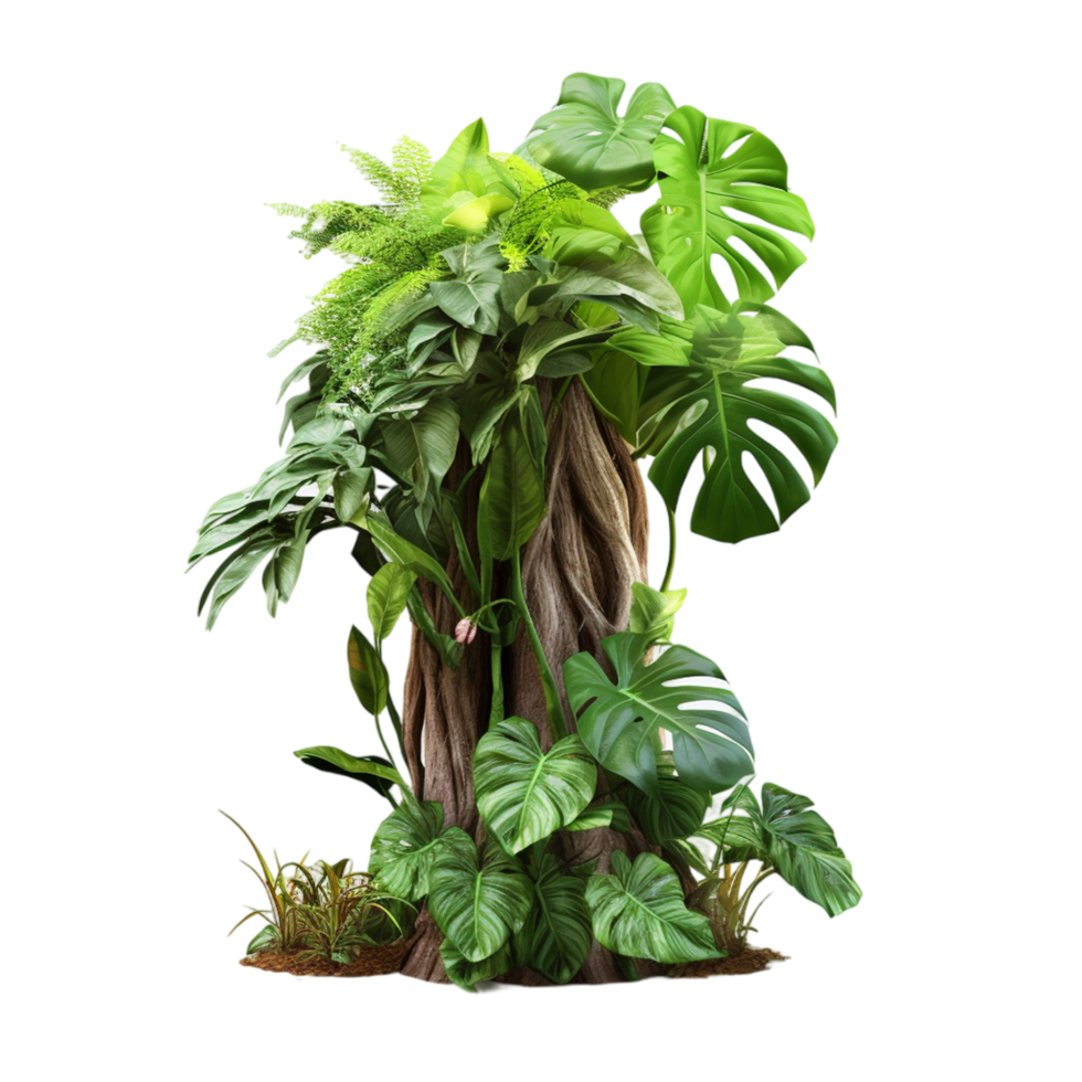 AI generated Tree trunk with jungle plant leaves png