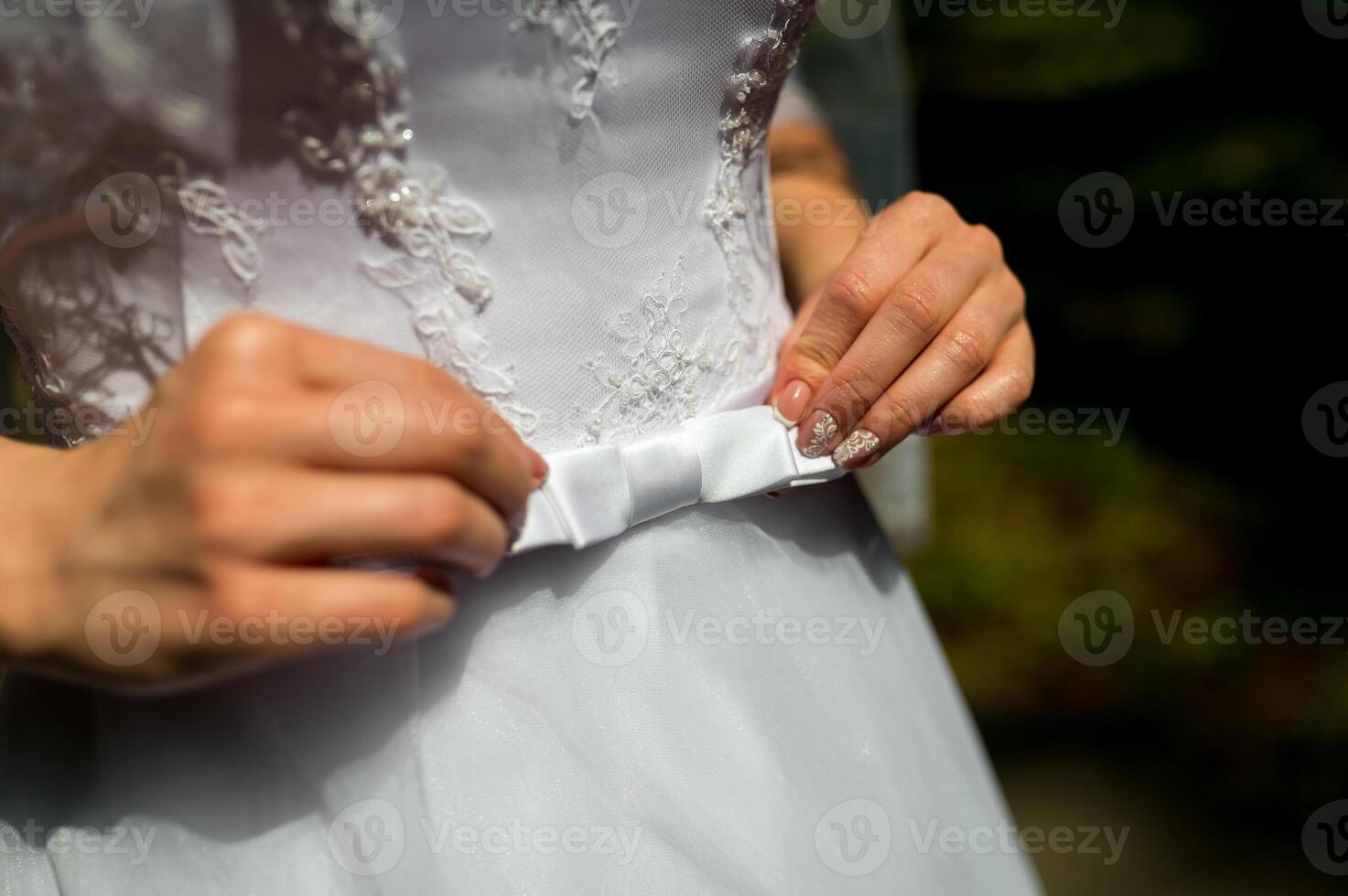 A close up of a bride dress with a large silk bow photo
