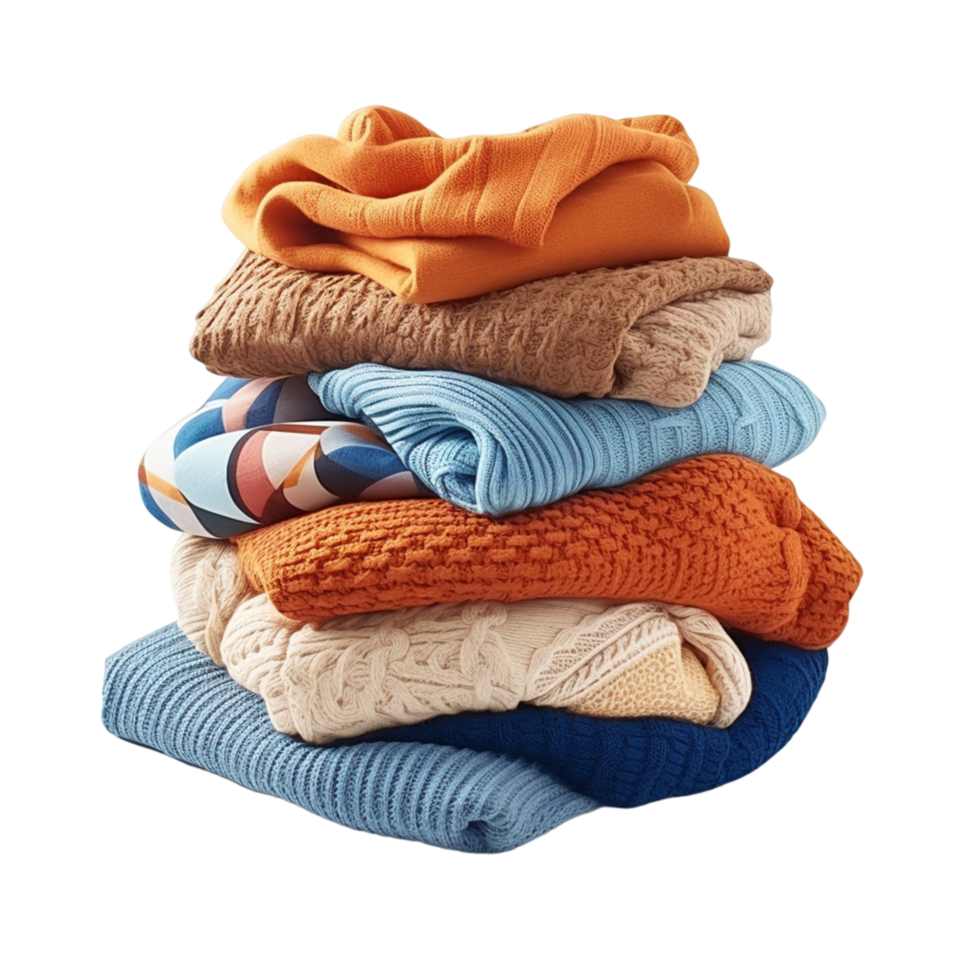 AI generated A stack of knitted sweaters with one that has a sweater on it png