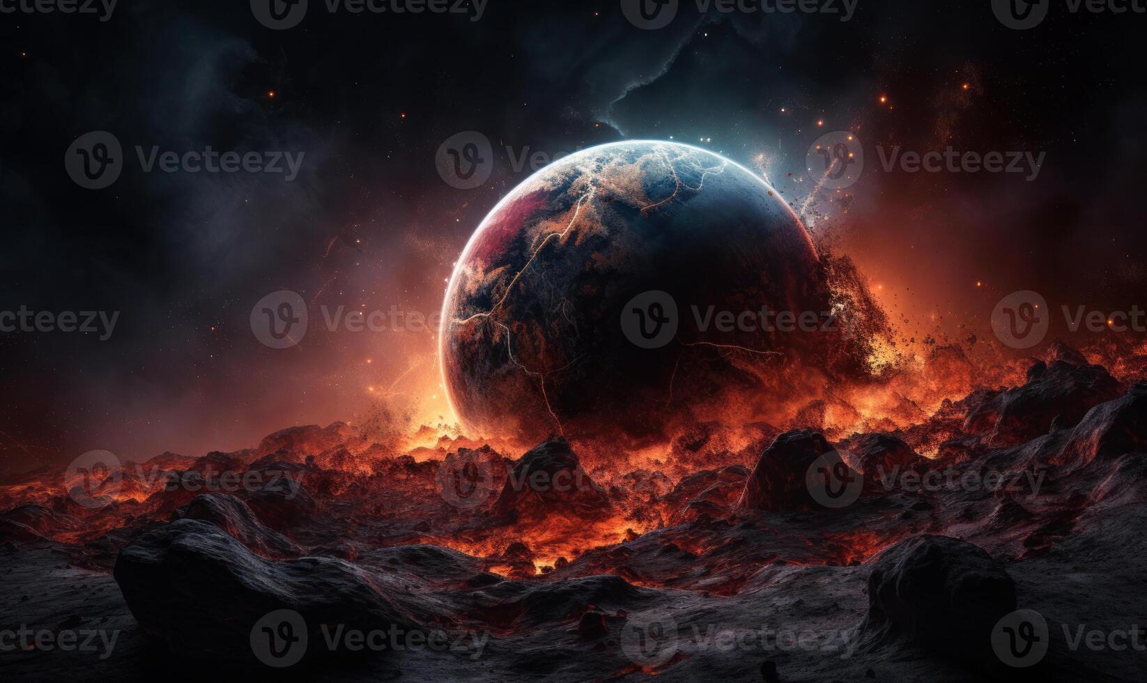 AI generated Apocalyptic background with planet Earth exploding armageddon illustration end of time. Elements of this image furnished by NASA photo
