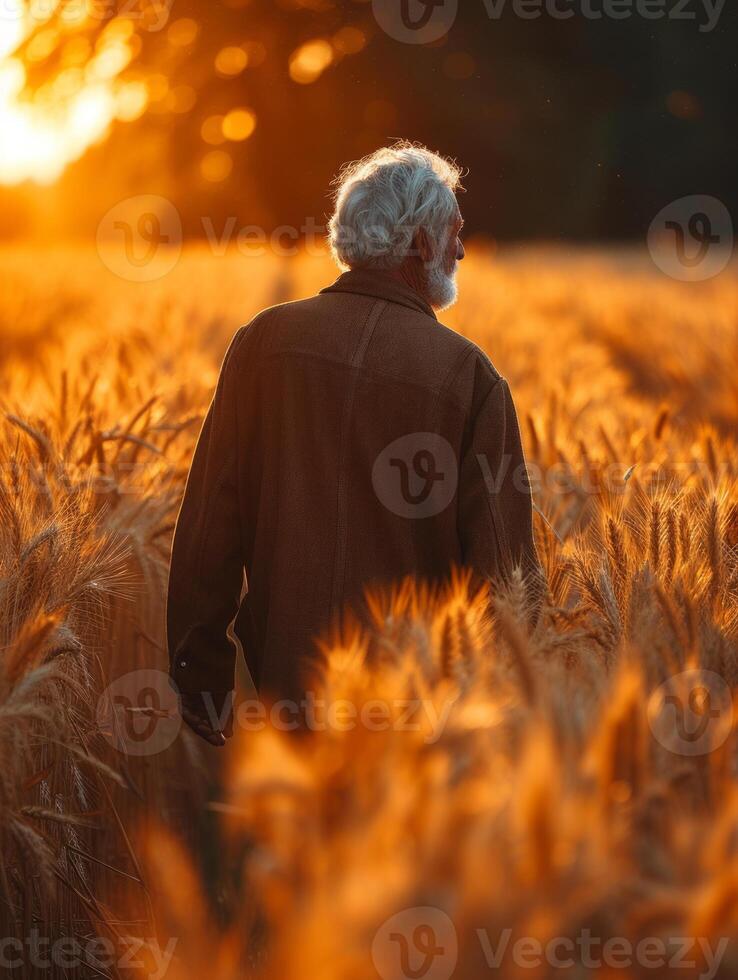 AI generated Senior farmer walking through his wheat field at sunset. An old farmer walking over a crop of wheat photo