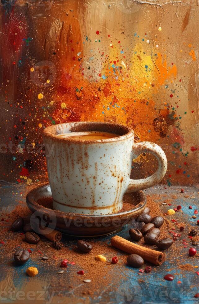 AI Generated Cup of coffee with coffee beans cinnamon sticks and anise stars photo