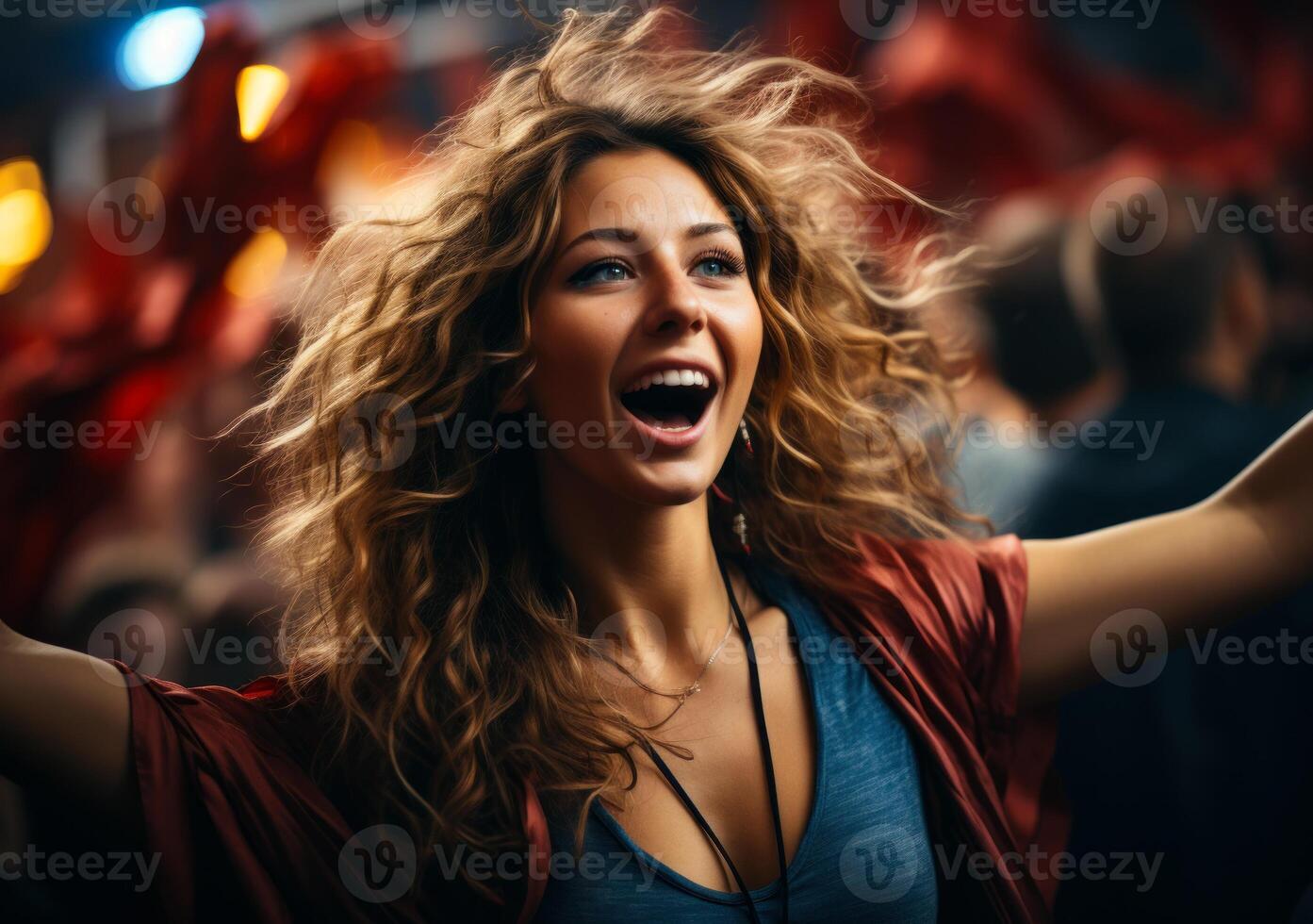 ai generado hembra ventilador en estadio participación arriba brazos en un Deportes bar. un mujer alegremente celebra como ella levanta su brazos en el aire, expresando elación y triunfo. foto