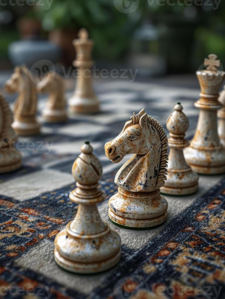 AI generated Chess board on carpet containing chess pieces. A detailed close up shot of a chess board with various chess pieces strategically placed for a game. photo