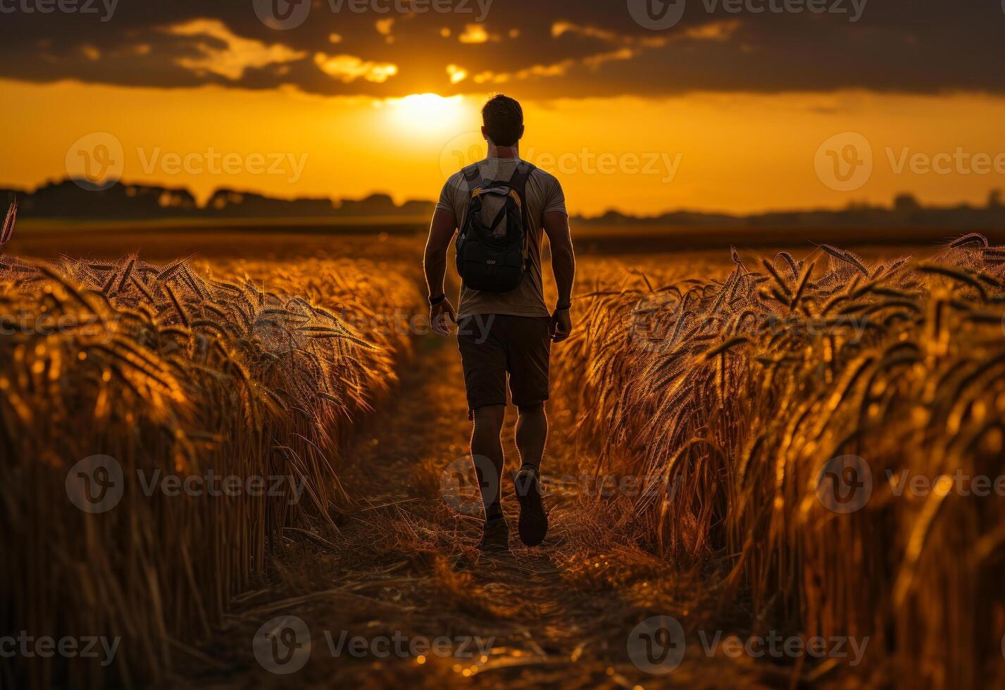 AI generated Man running past the silos against olympic sunset. A man is walking through a field of wheat during sunset, creating a serene and tranquil ambiance. photo