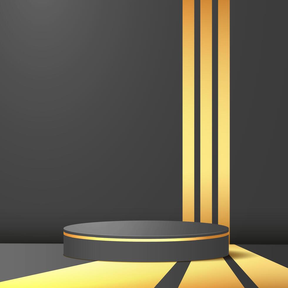 Round podium with golden lines on a black background. Vector illustration.