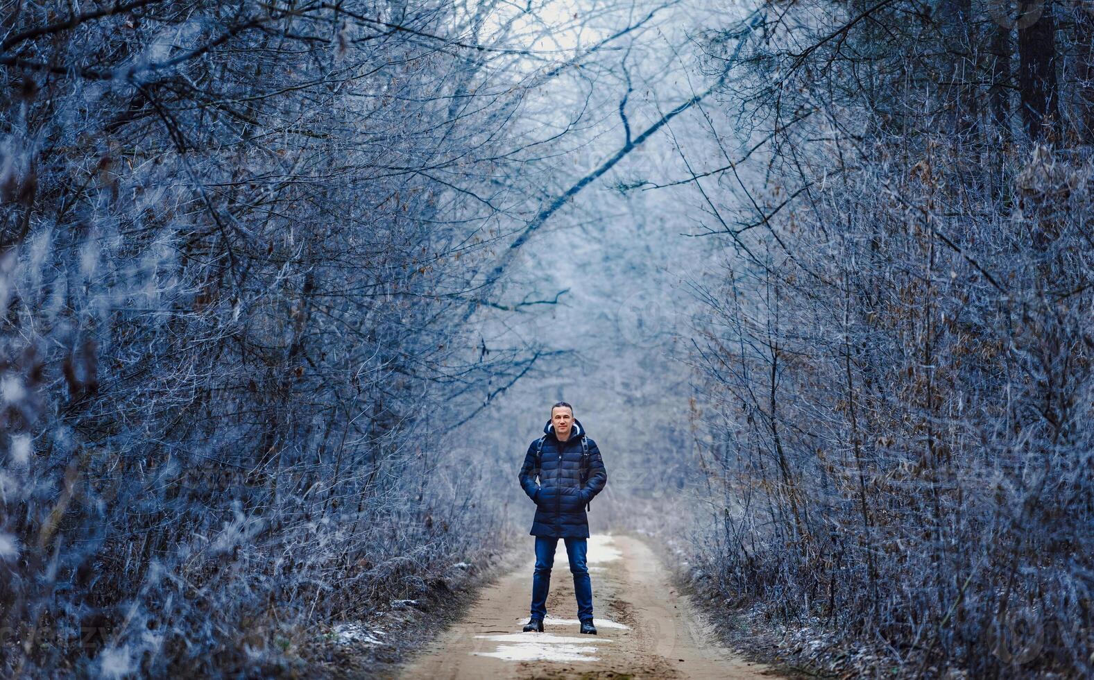 hermoso hombre en invierno paño en pie en parque y mirando a cámara. nieve cubierto arboles parque en invierno. escarchado estación. foto