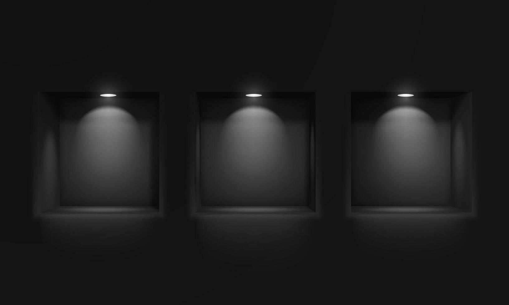 Three empty niches or shelves on a black wall with ice lamp lighting. Showcase, empty shelf for your product. Vector illustration.