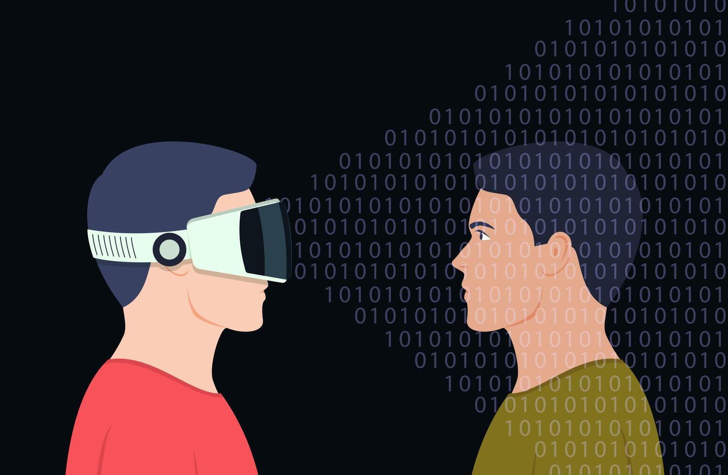 A man in a virtual reality helmet interacts with another person. Vector illustration.