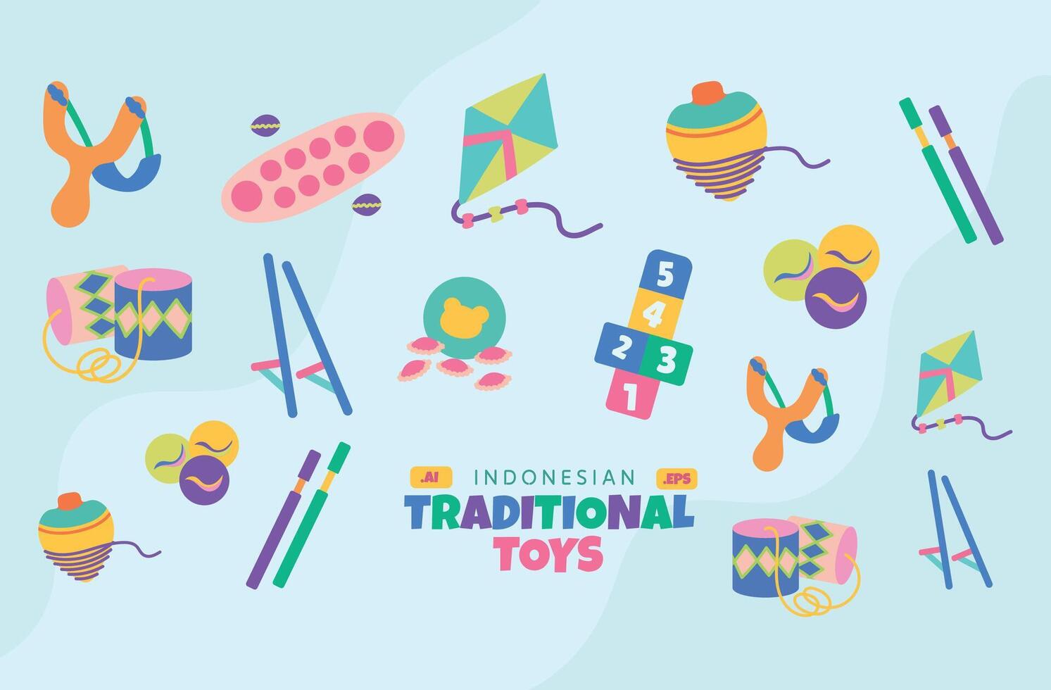 indonesio tradicional juguetes ilustración vector conjunto