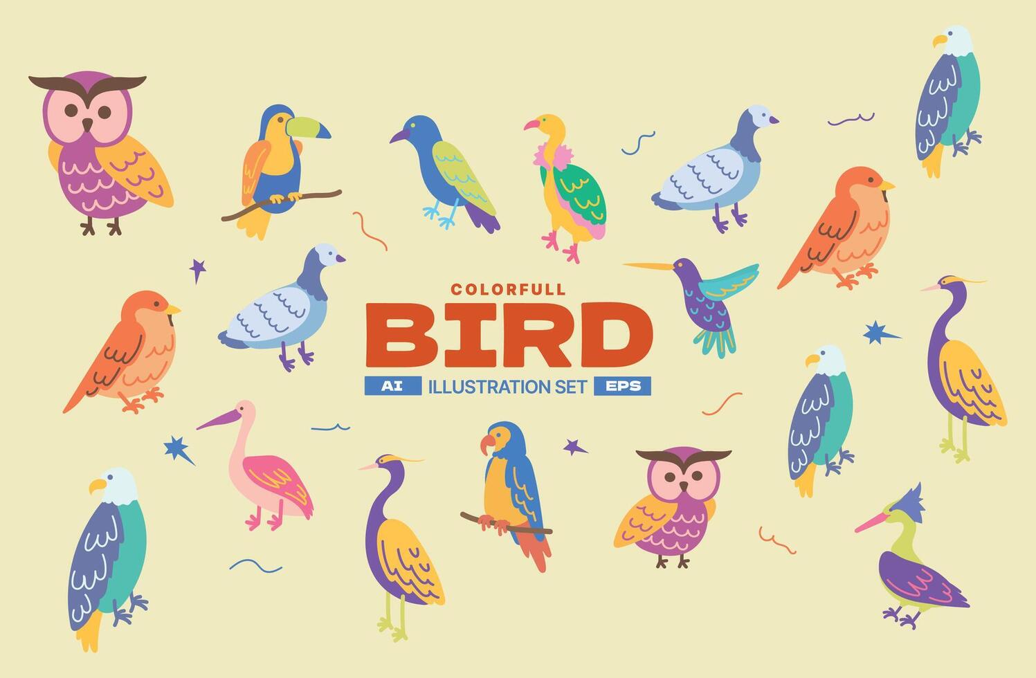 Colorful Bird Illustration Illustration Vector Set