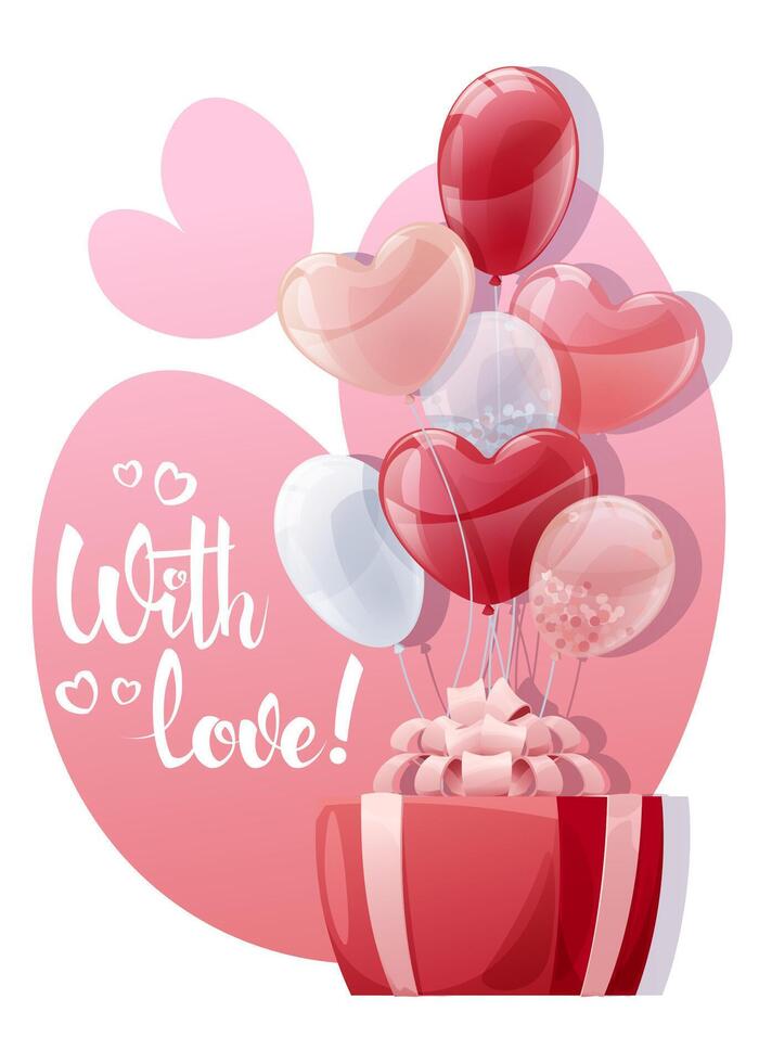 Card design for Valentine s Day and Mother s Day. Poster, banner with balloons and gift box. Background with flying helium balloons in the shape of hearts vector