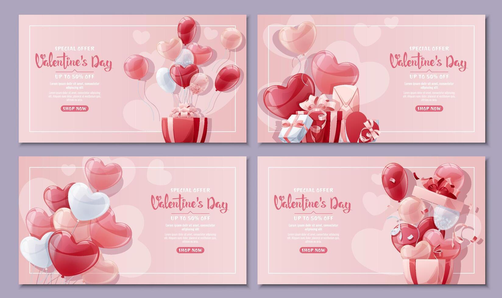 conjunto de pancartas para San Valentín día. antecedentes con globos y regalo caja. volantes, descuento, publicidad. el póster es ideal para fiesta publicidad. vector