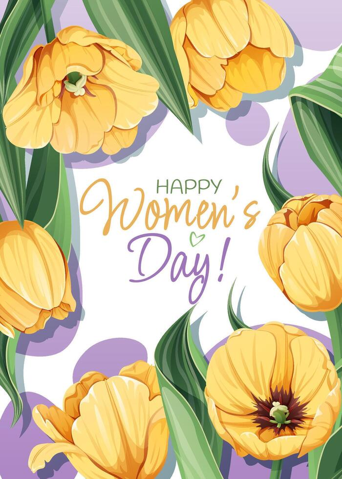 saludo tarjeta para internacional De las mujeres día. póster con amarillo tulipanes para marzo 8vo. vector modelo con primavera ramo de flores