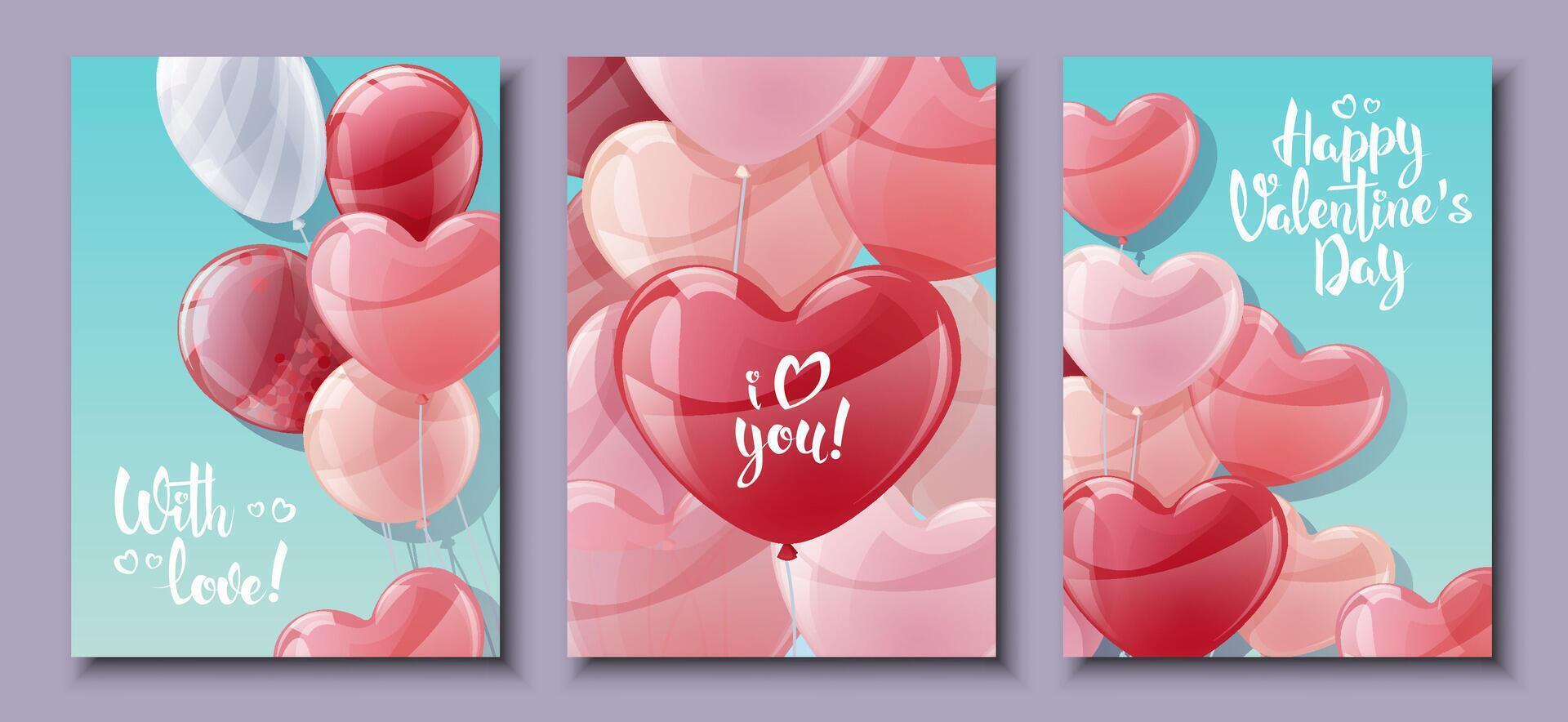 conjunto de tarjetas para San Valentín día y de la madre día. póster, bandera con globos en un azul antecedentes. antecedentes con volador helio globos en el forma de corazones. vector