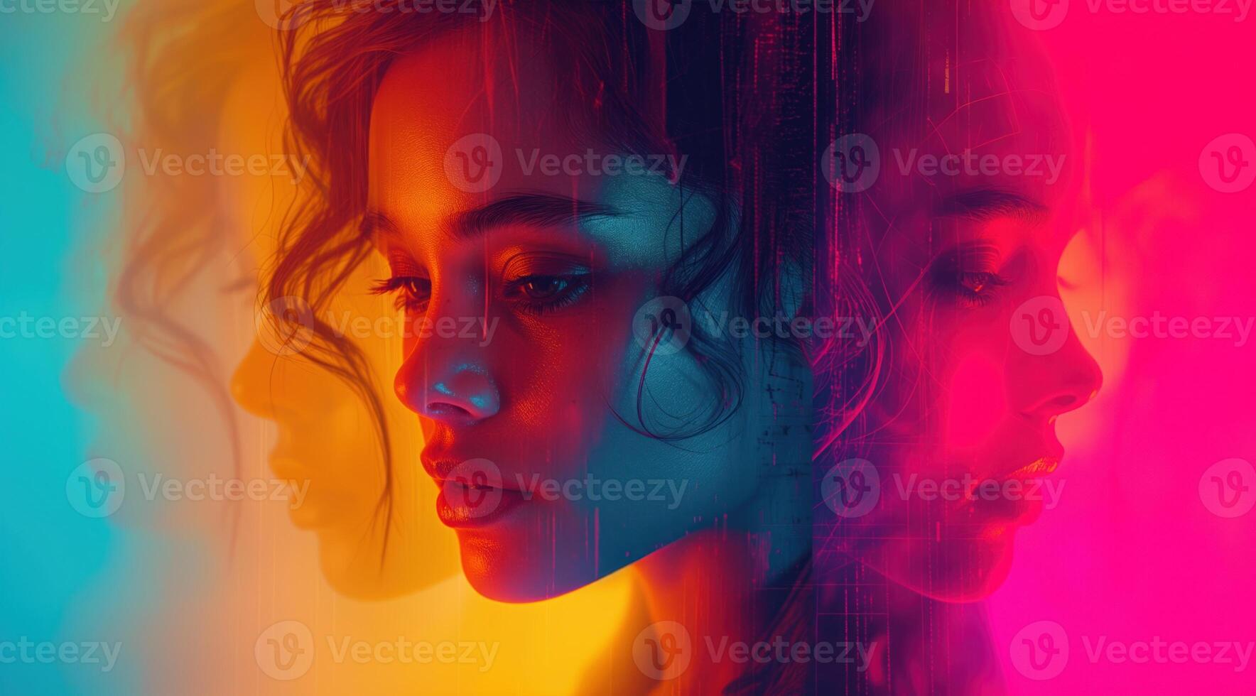 AI generated Girl with a woman colorful background, in the style of deconstructed minimalism, double exposure photo