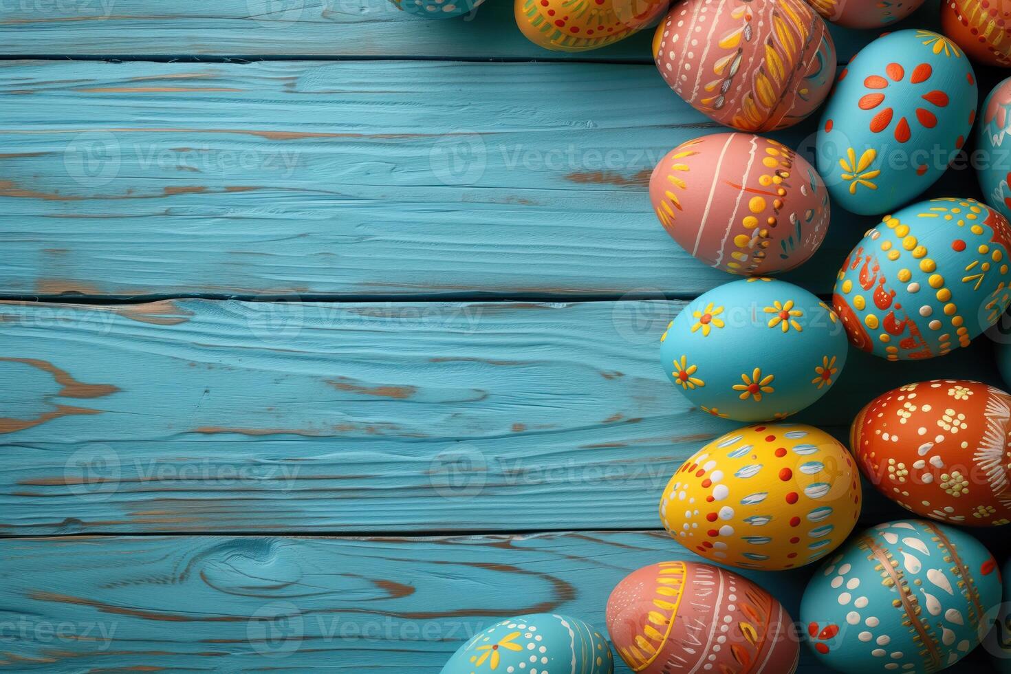 AI generated Colorful wooden easter eggs make up a frame photo