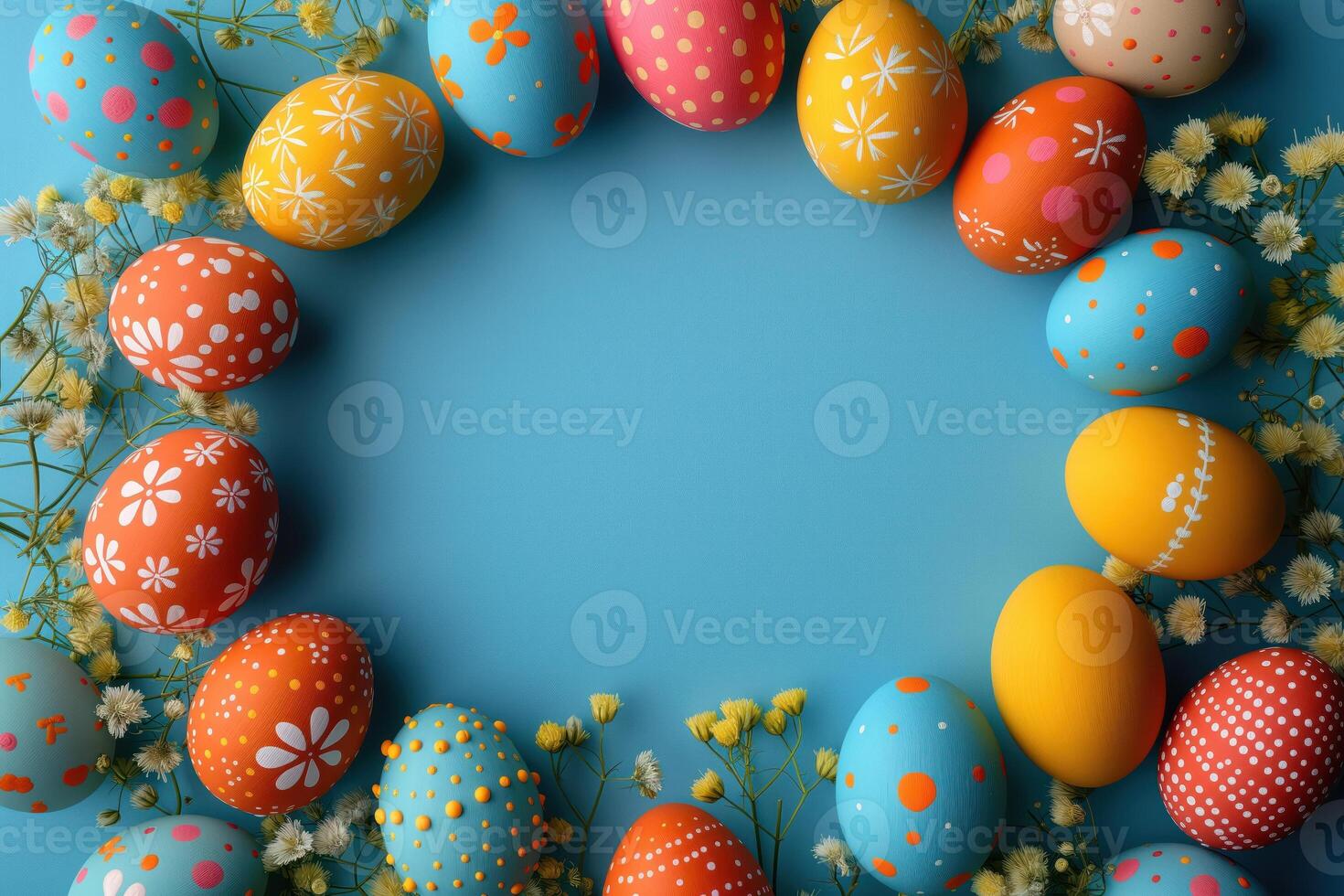 AI generated Colorful wooden easter eggs make up a frame photo