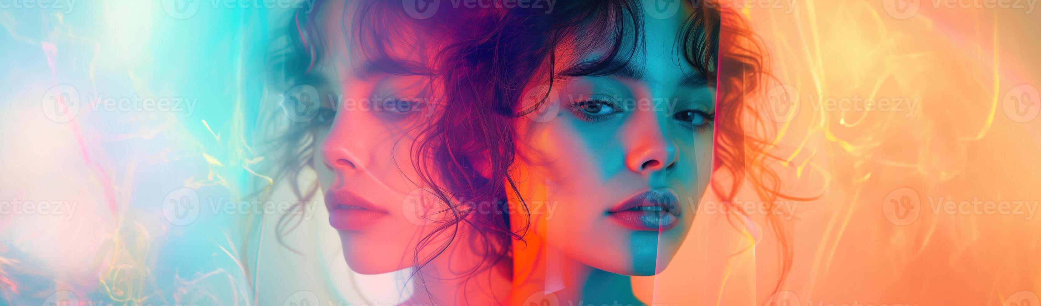 AI generated Girl with a woman colorful background, in the style of deconstructed minimalism, double exposure photo