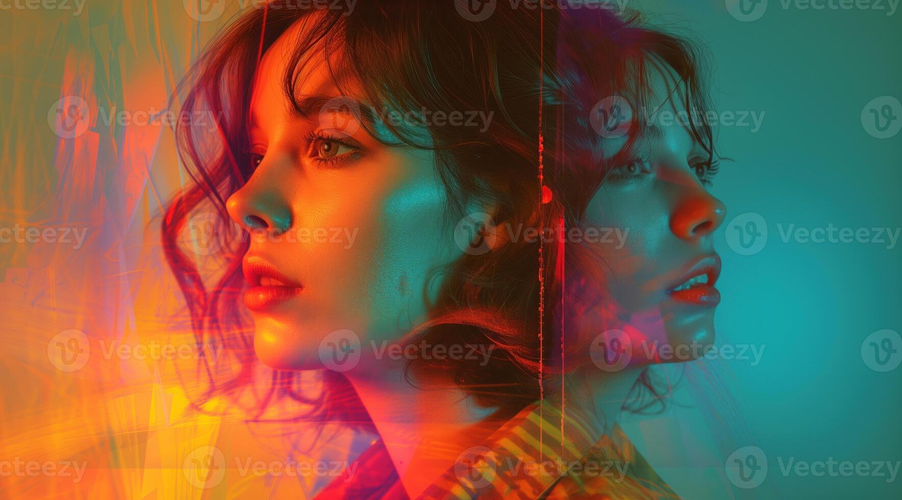 AI generated Girl with a woman colorful background, in the style of deconstructed minimalism, double exposure photo