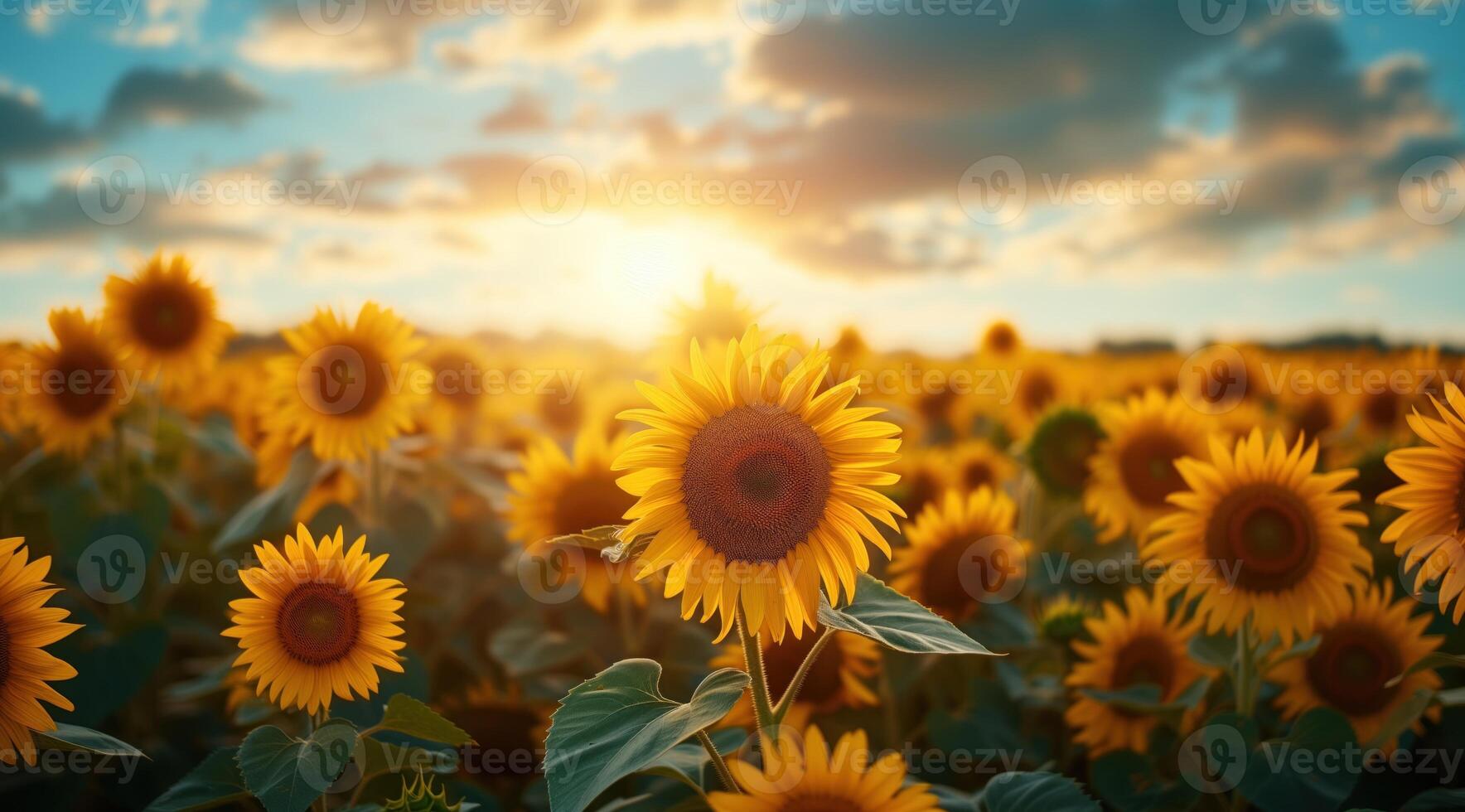 AI generated Golden sunflower on field and blue sky stock photo