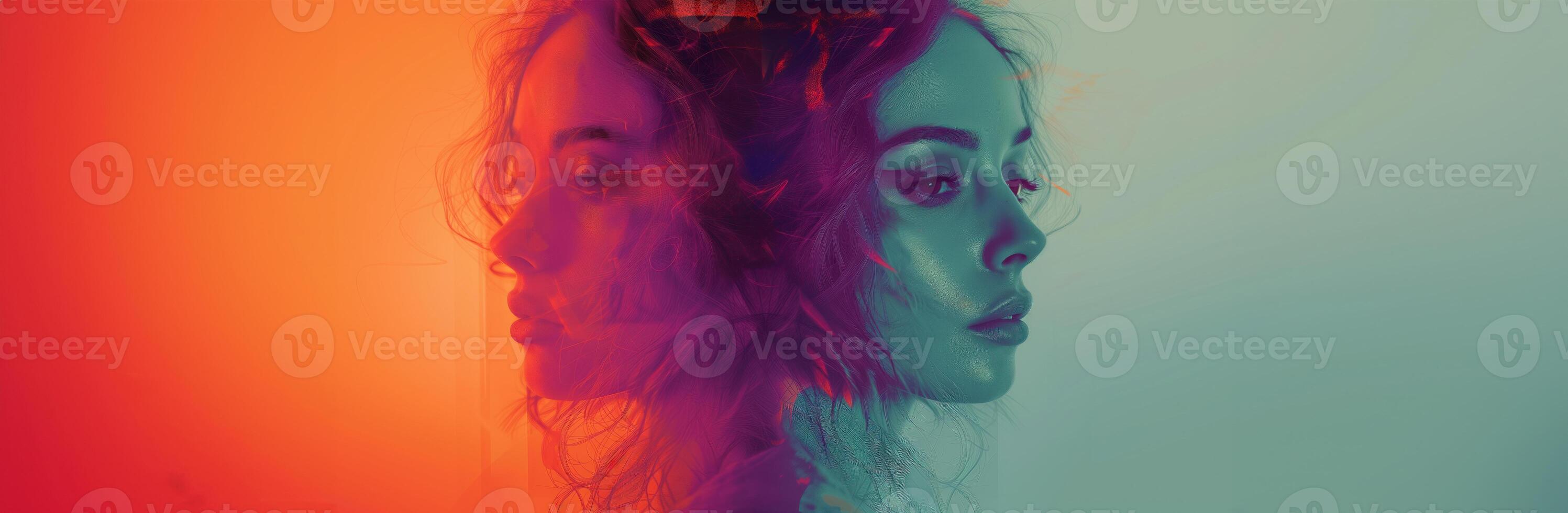 AI generated Girl with a woman colorful background, in the style of deconstructed minimalism, double exposure photo