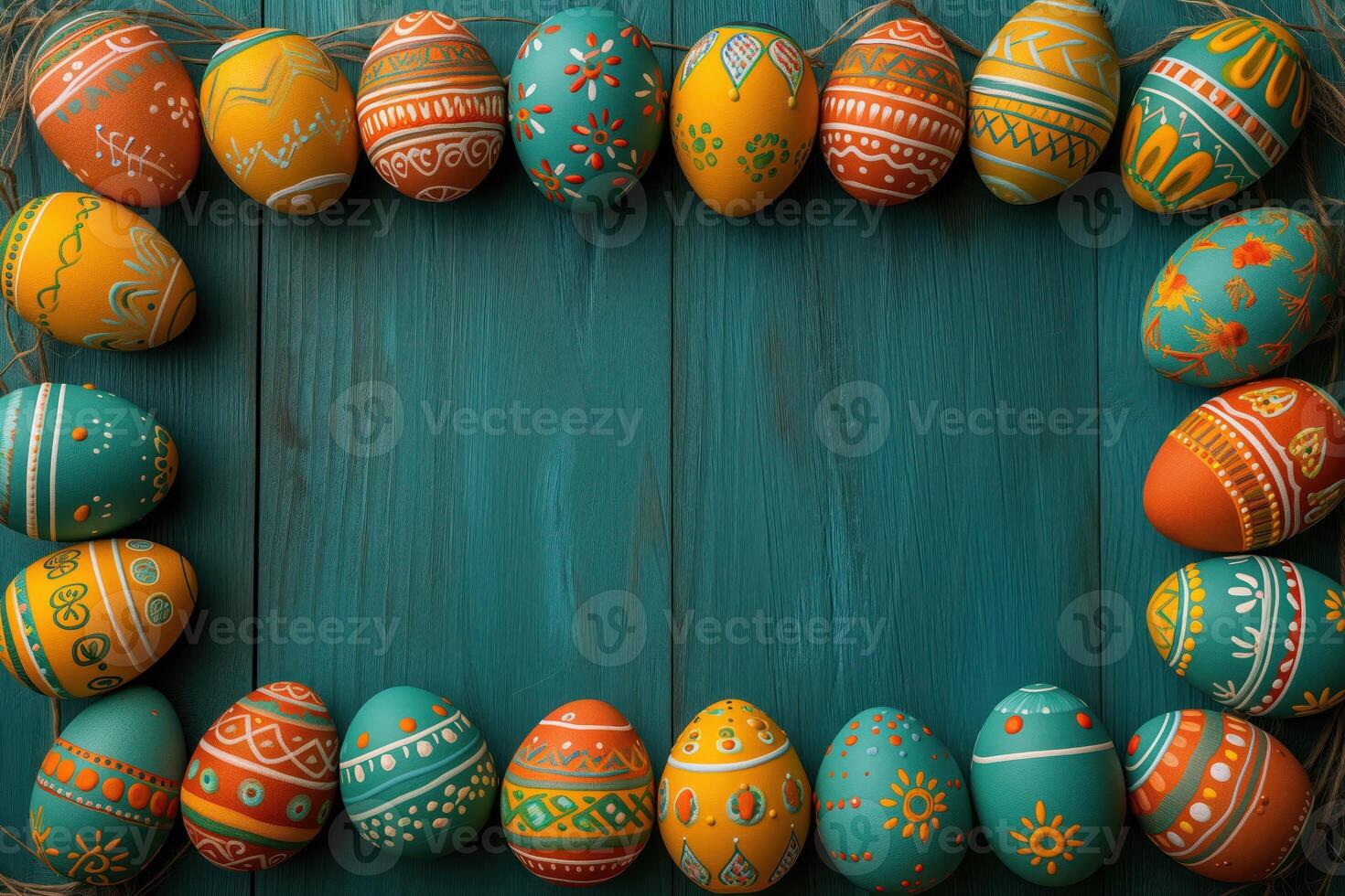 AI generated Colorful wooden easter eggs make up a frame photo