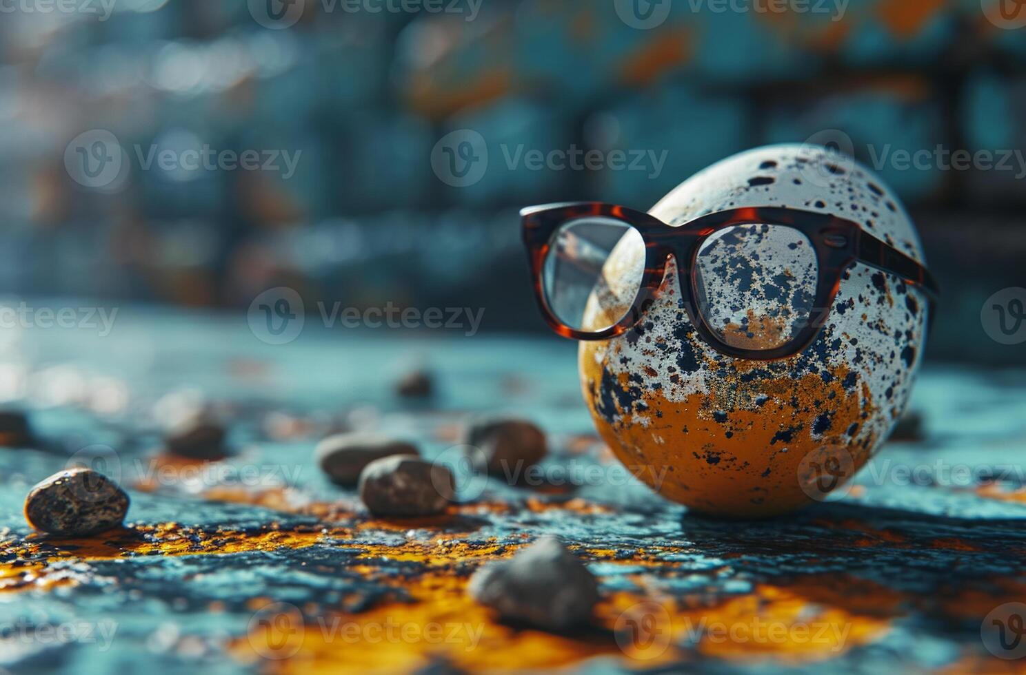 AI generated 3d rendering cygnus egg. A cracked white egg with a pair of black glasses placed on top, creating an interesting visual contrast. photo