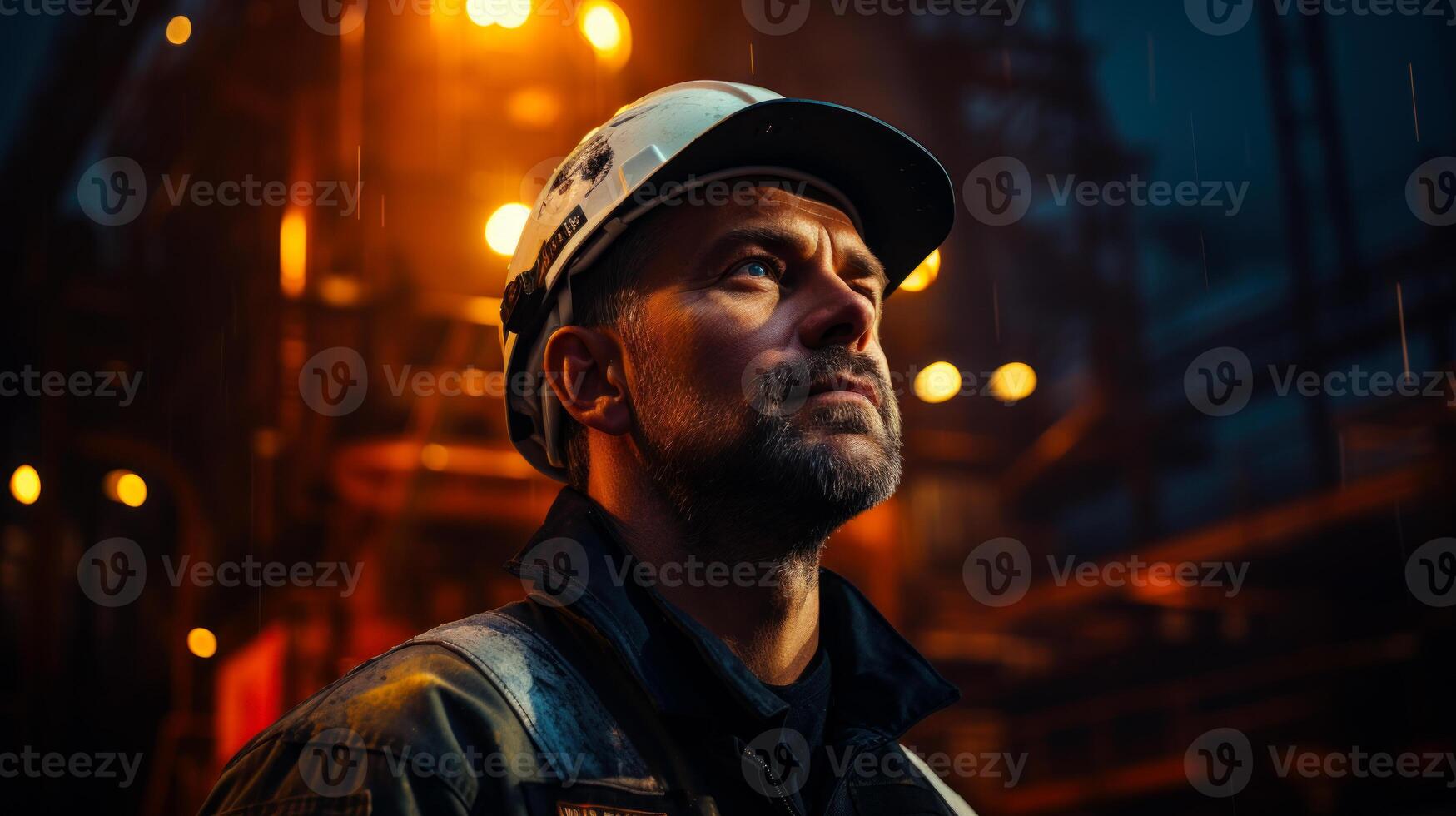 AI generated Oil rig operator and engineer. Portrait of worker in overalls and helmet on background of pipes machinery and bright lights. The concept of the oil industry. photo