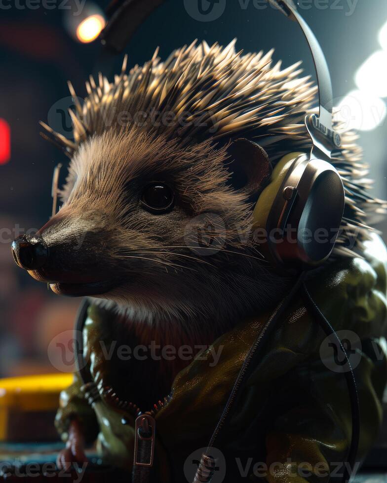 AI generated Hedgehog in headphones is sitting at the table with computer mouse and keyboard in front of him. The hedgehog is wearing green jacket. Side view. Neon light. photo