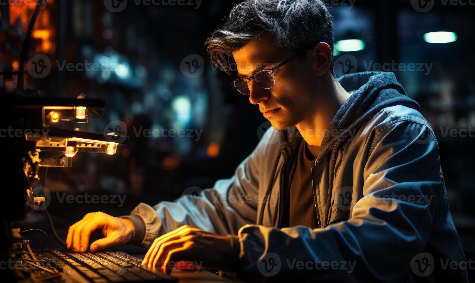 AI generated Young man is working on computer in dark room photo