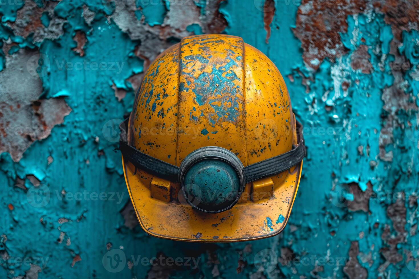 AI generated Construction industry needs safe workers. A photo featuring a yellow hard hat placed on top of a solid blue wall, highlighting the contrasting colors and the prominence of the hard hat.