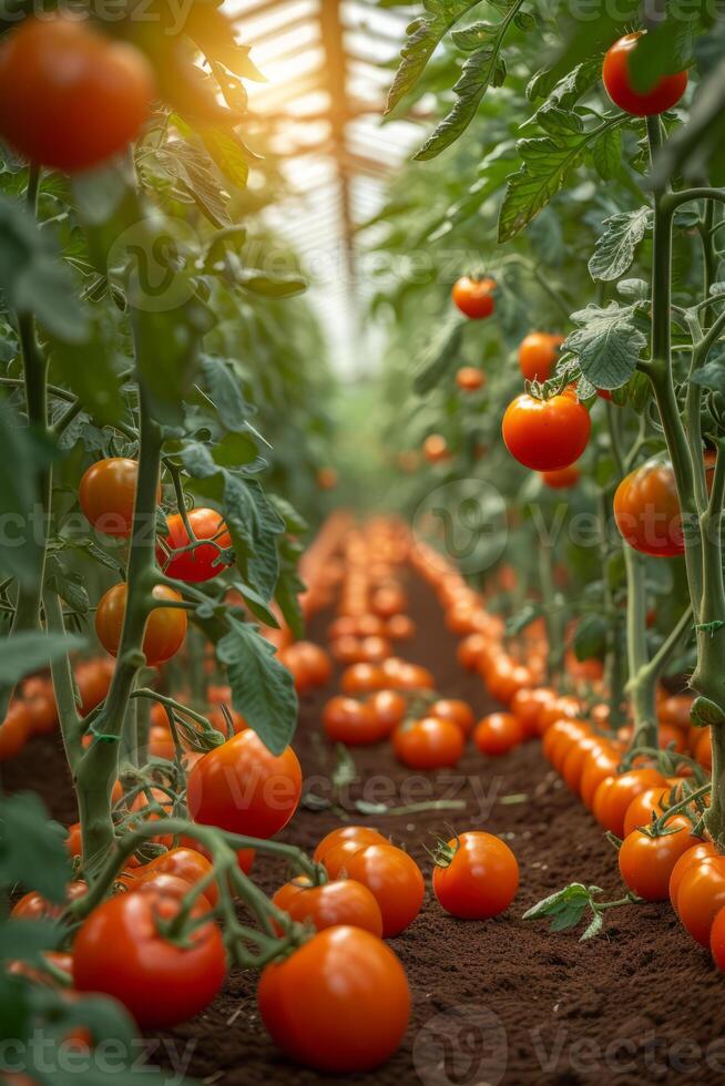 AI generated Tomato plants growing in a greenhouse. A row of healthy, fully grown tomatoes growing vertically in a controlled environment inside a greenhouse. photo