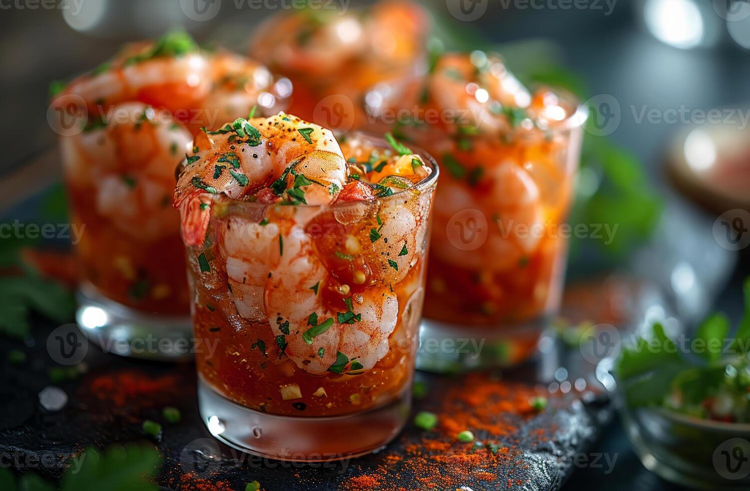 AI generated Prawn cocktail with chilli lime and parsley in glass photo