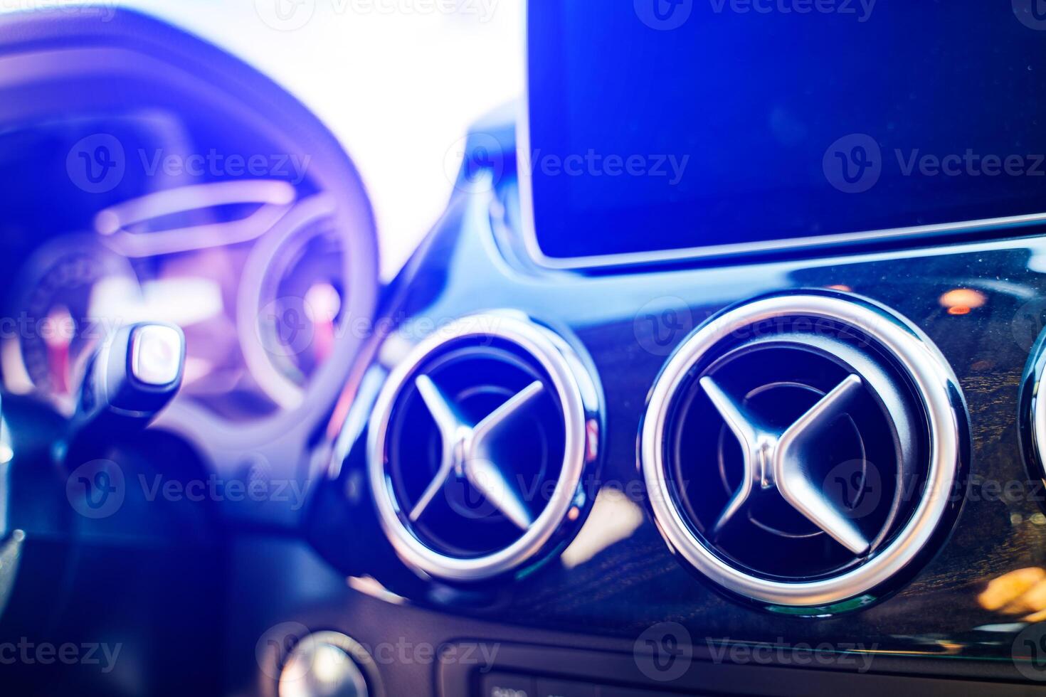 Vinnitsa, Ukraine - April, 2019. Electric car Mercedes - new model car presentation in showroom - steering wheel and dashboard view photo