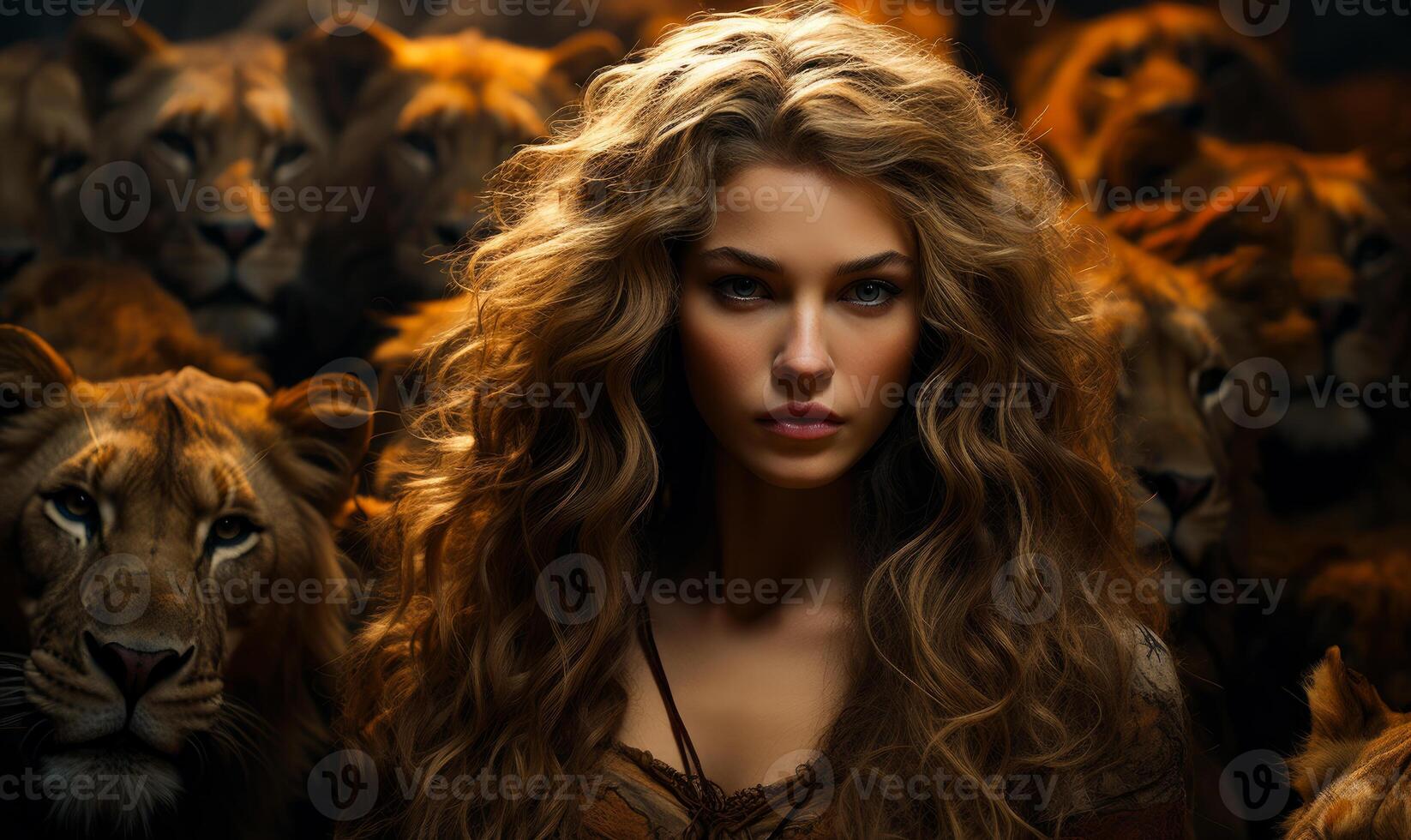 ai generado hermosa mujer y grupo de feroz leones foto