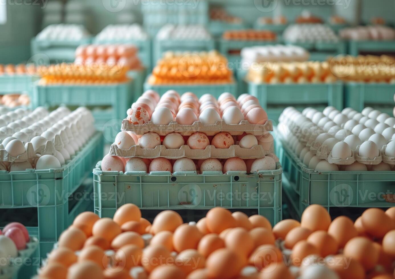 ai generado cajas lleno con blanco y naranja huevos. un colección de huevos pulcramente arreglado dentro cajas, exhibiendo un variedad de tamaños y colores. foto