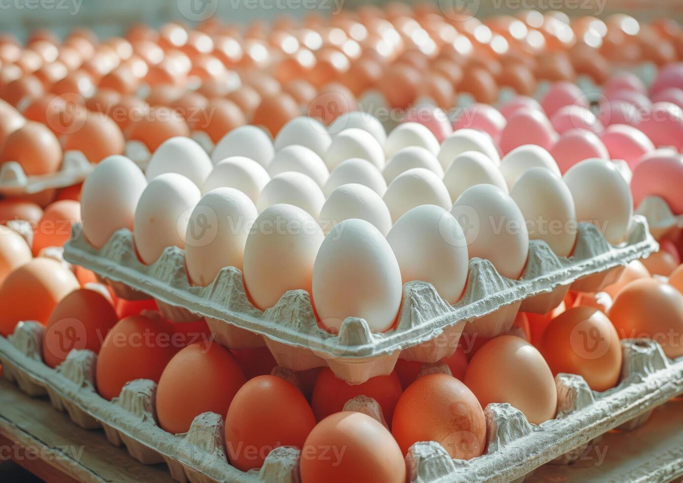 AI generated Crates filled with white and orange eggs. Several trays of eggs neatly arranged on top of each other. photo