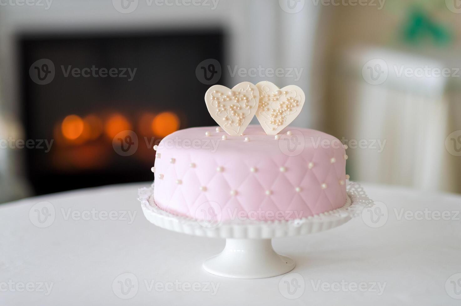 Wedding cake on a stand. Wedding preparations. Wedding Attributes photo