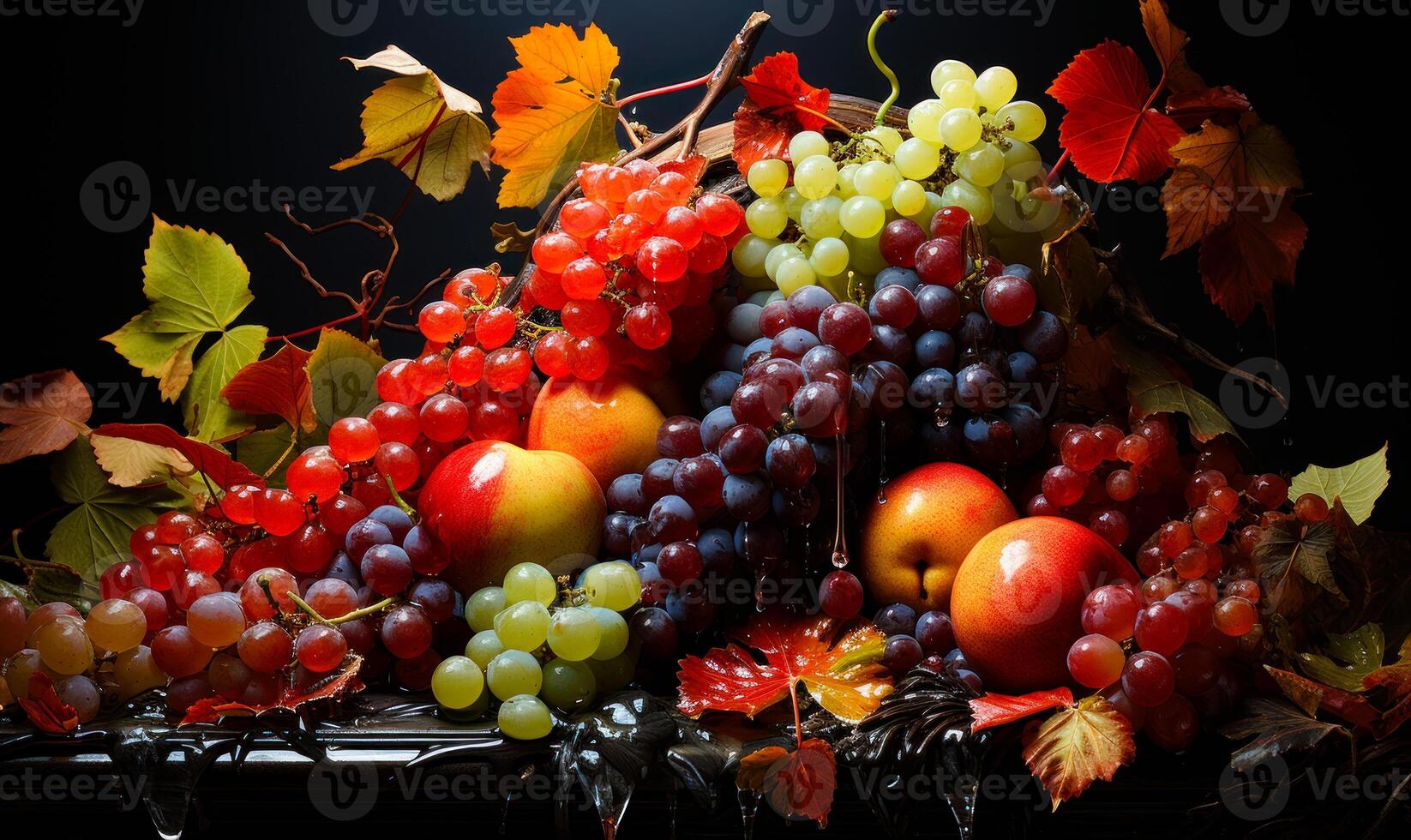 AI generated Fresh fruits art for sale. Autumn fruits and berries on dark background photo